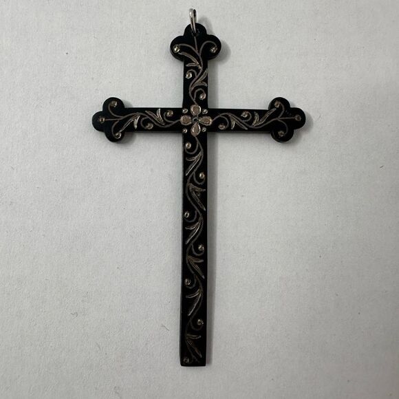 Victorian Era Black Etched Mourning Cross Pendant - Picture 1 of 5